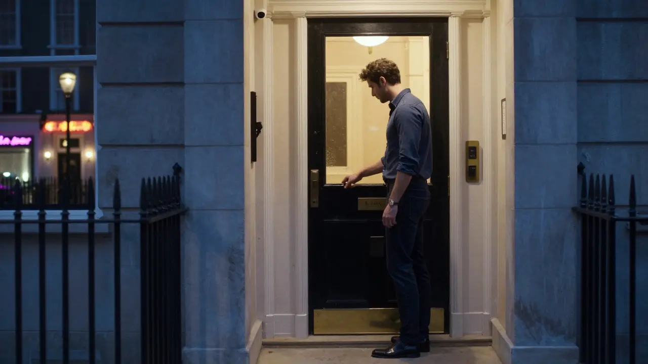 A man in neat casual attire knocks on the door of a luxury Mayfair apartment building at dusk.