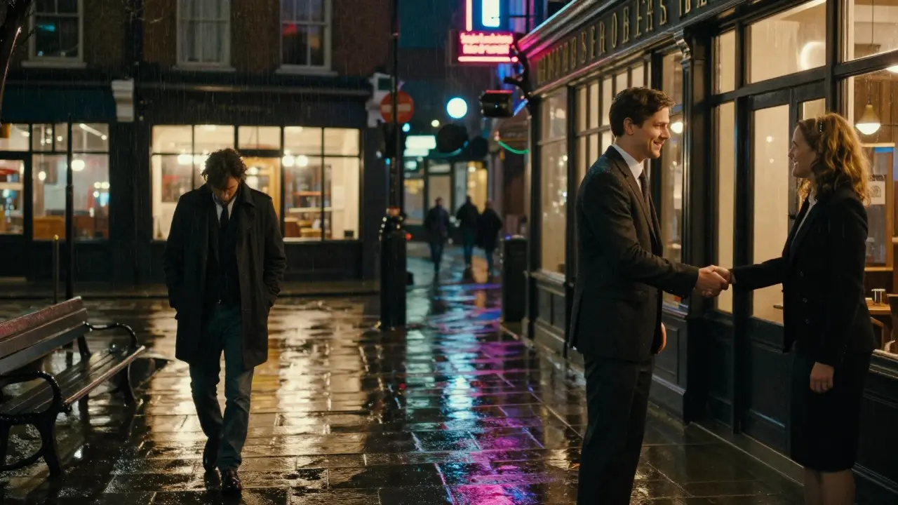 A man walking alone at night in London, then shaking hands with a companion outside a restaurant.