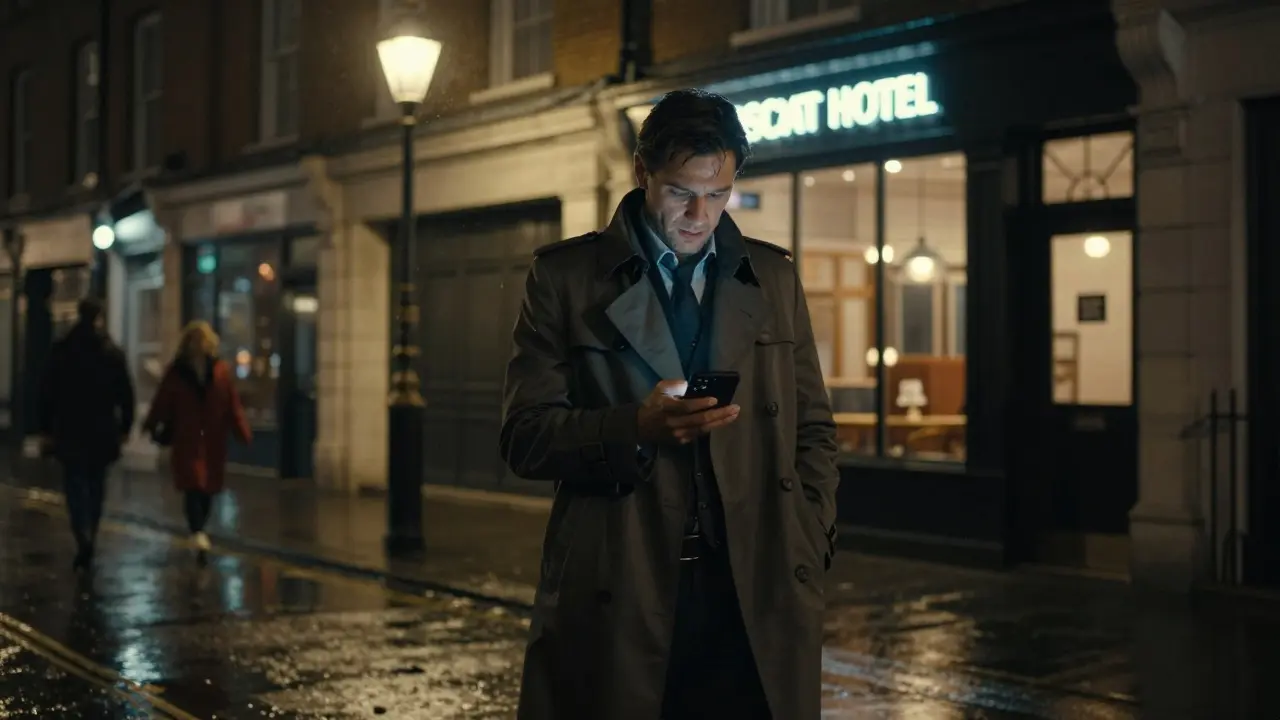 A man walks cautiously down a rainy London street at night, checking a secure messaging app under a lamppost, surrounded by urban anonymity.