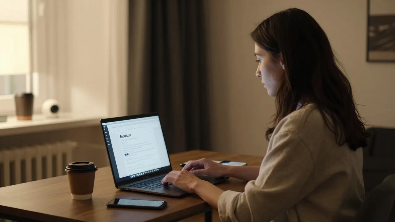 A person working on a laptop in a modest Berlin apartment, safety camera visible in corner.