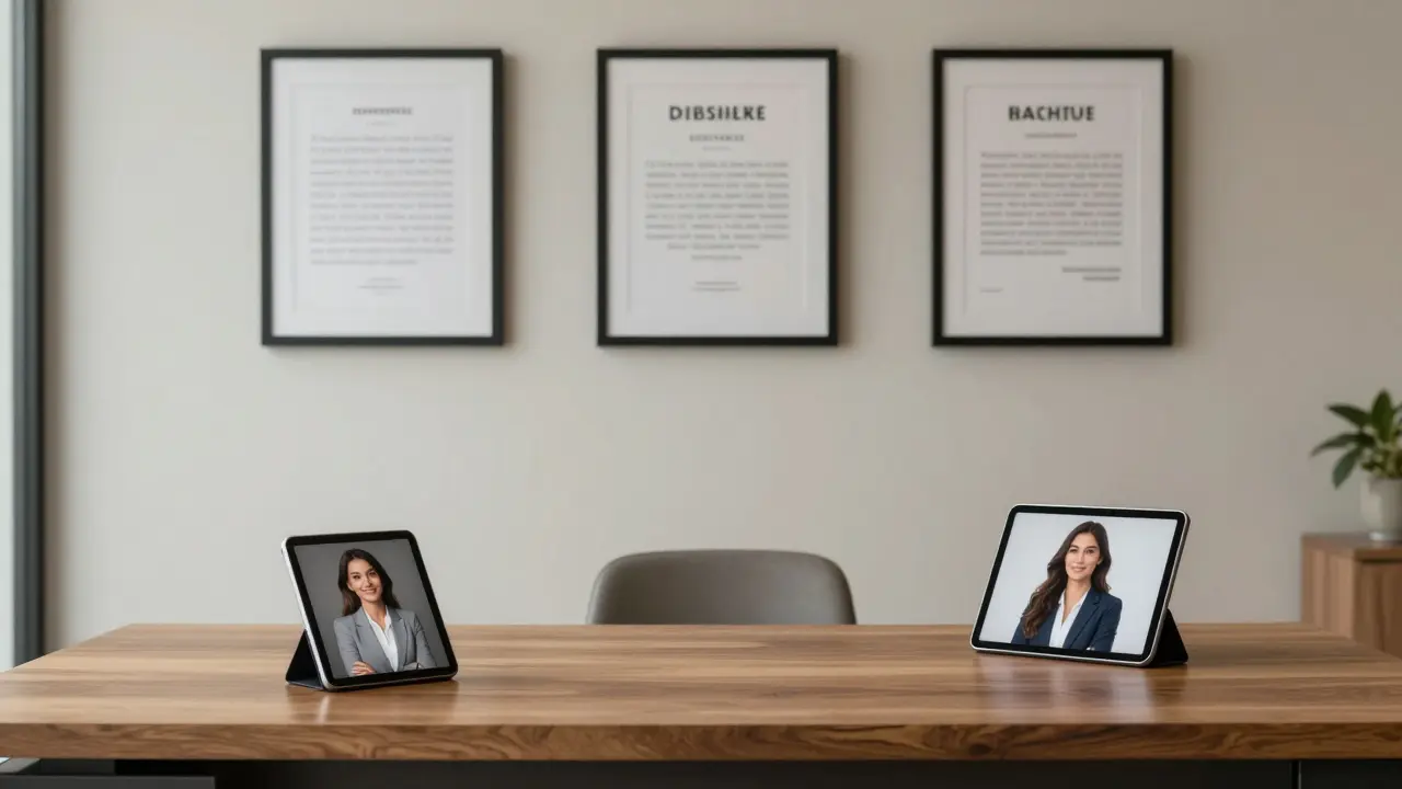 A professional agency office with a tasteful companion profile displayed on a tablet.