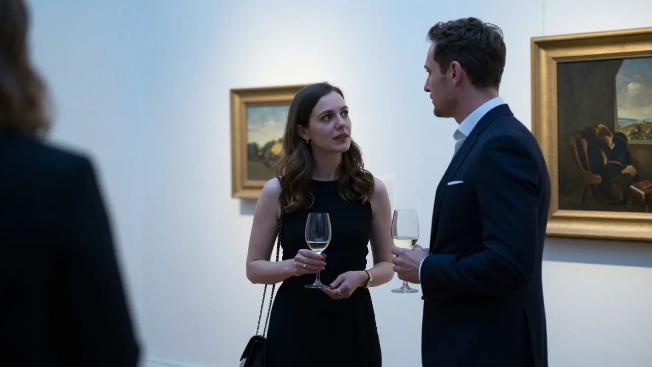 A professional companion engaging in thoughtful conversation at an art gallery event in Mayfair.