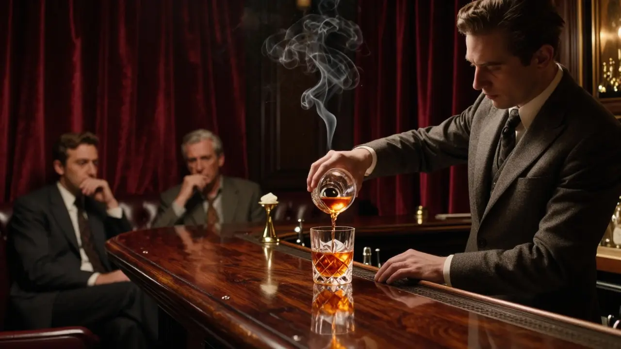 A quiet bar lounge with a bartender pouring a smoky cocktail in dim, moody lighting.