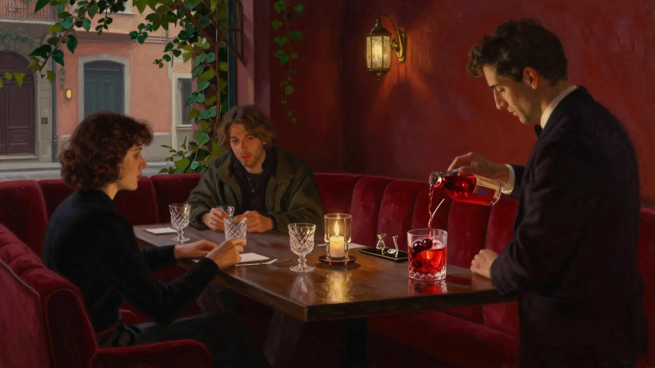 A quiet cocktail bar in Brera with velvet booths and a bartender mixing a dark red Negroni under soft candlelight.