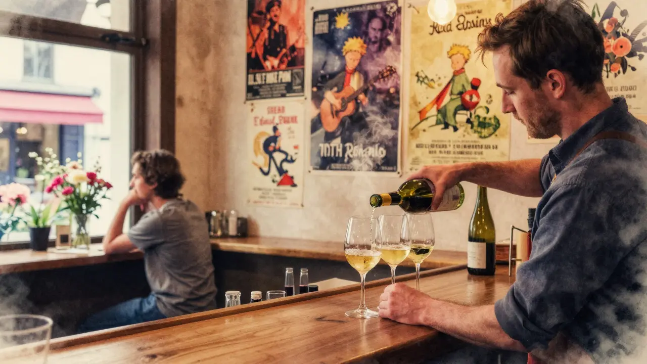 A quiet wine bar with a bartender pouring three glasses of wine, surrounded by vintage posters.