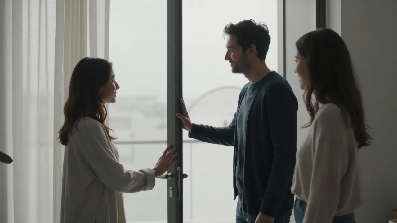 A respectful goodbye at an apartment entrance with morning light and quiet connection.