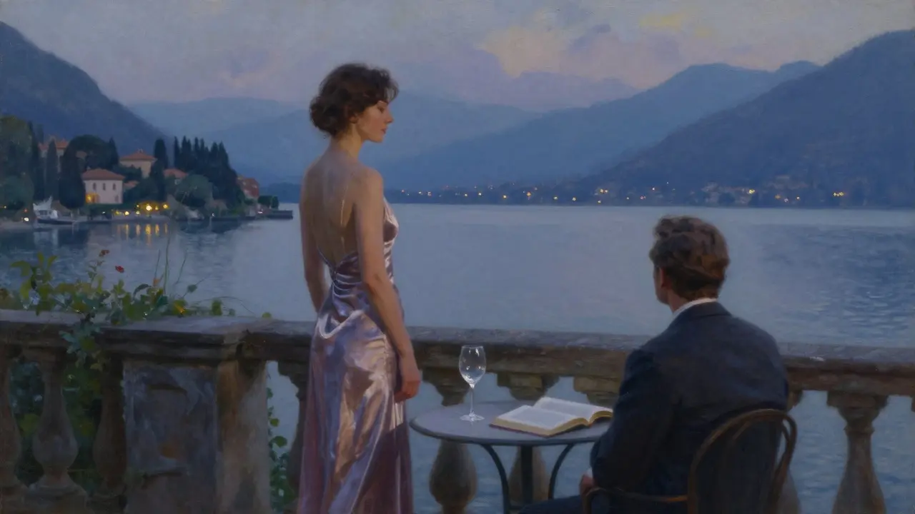 A serene couple on a lakeside villa terrace at twilight, sharing quiet companionship.