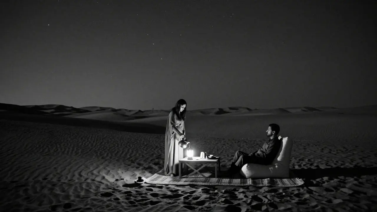 A solitary desert retreat at night with lantern light, tea being poured under a star-filled sky.