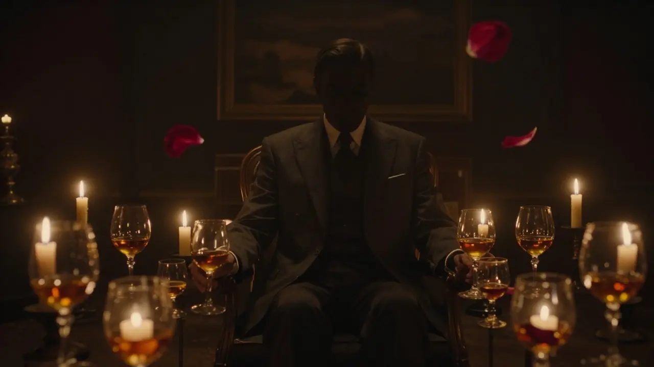 A solitary figure in a dim salon surrounded by floating cognac glasses and candlelight.