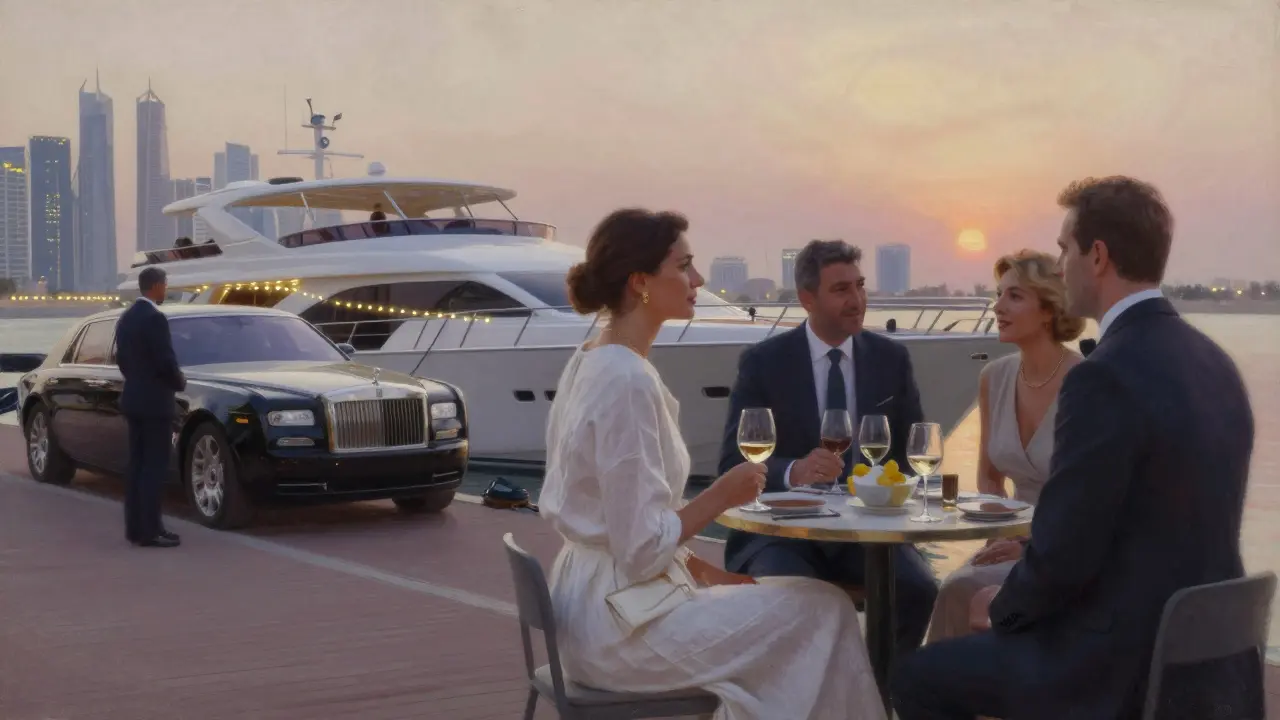 A sophisticated woman converses with guests on a private yacht at dusk, the Abu Dhabi skyline glowing behind them in the background.