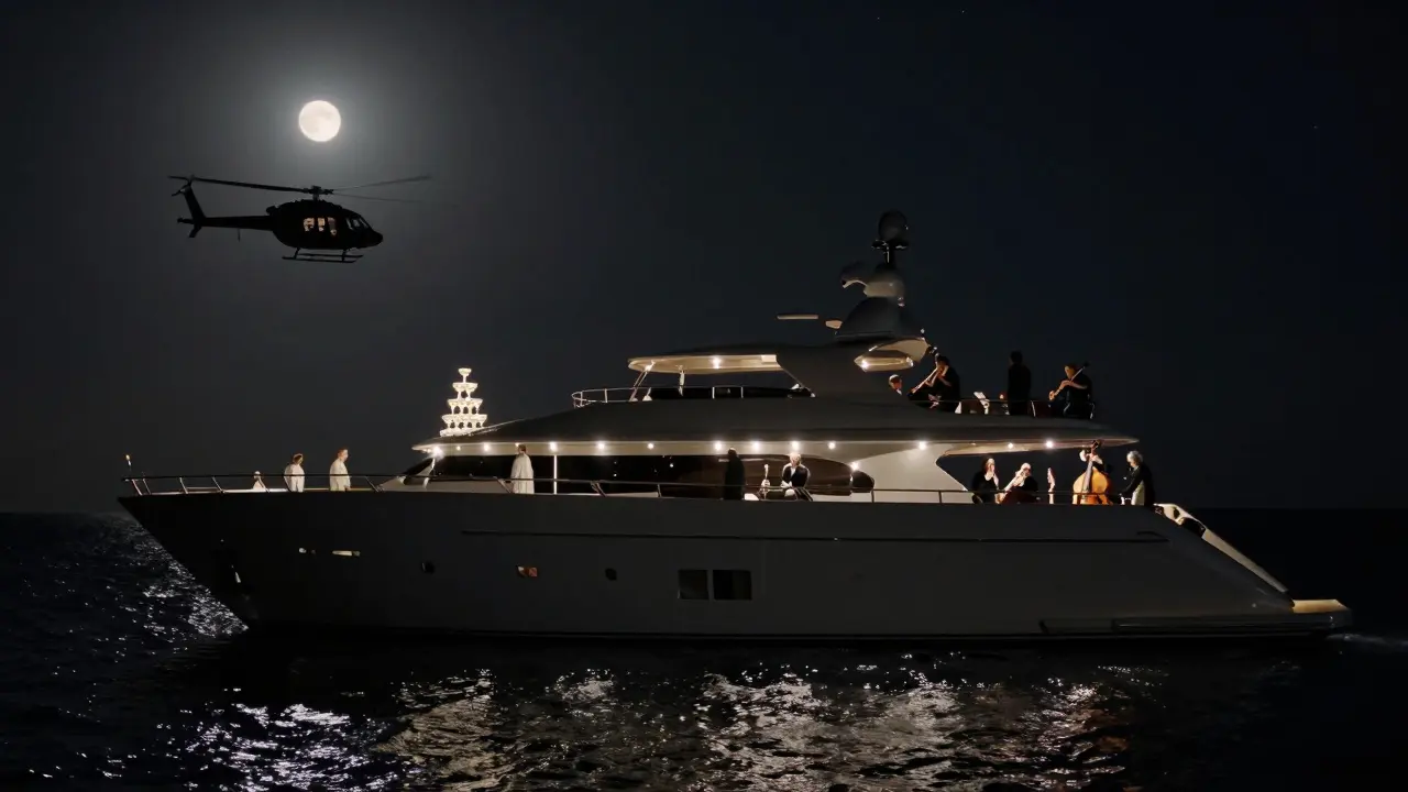 A superyacht at night with orchestra on deck, champagne tower glowing under moonlight.