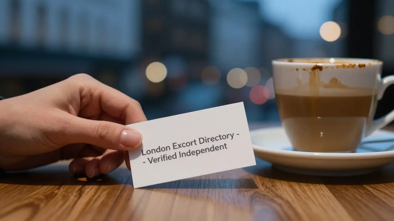 A verified escort's business card beside a coffee cup in a London café, symbolizing legitimacy.