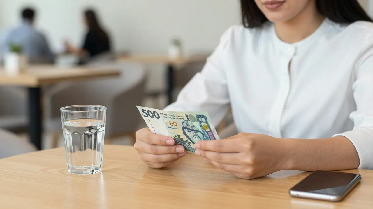 A woman's hands placing cash on a table in a quiet café, conveying transparency and professionalism.