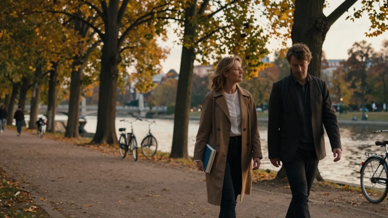 A woman and client walking peacefully through Tiergarten park at sunset, sharing silence and books.