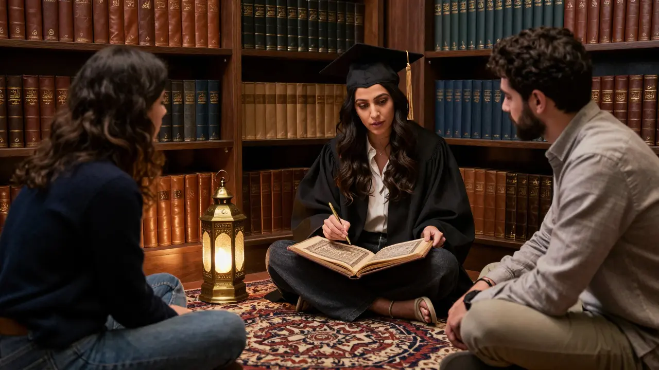 A woman discussing art manuscripts with clients in a luxurious library filled with books and lantern light.