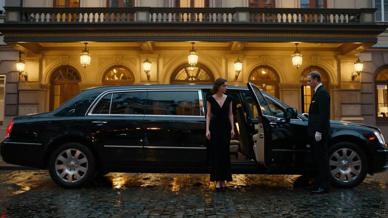 A woman exiting a luxury limousine outside Teatro alla Scala after an opera.