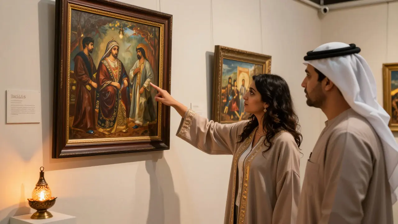A woman explaining Emirati art to a client in a softly lit private gallery.