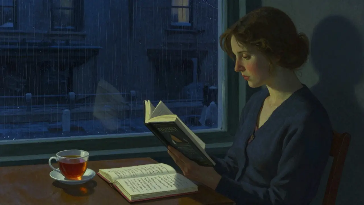 A woman reading by the window in her Chelsea flat at night, rain on the glass, journal open beside her.