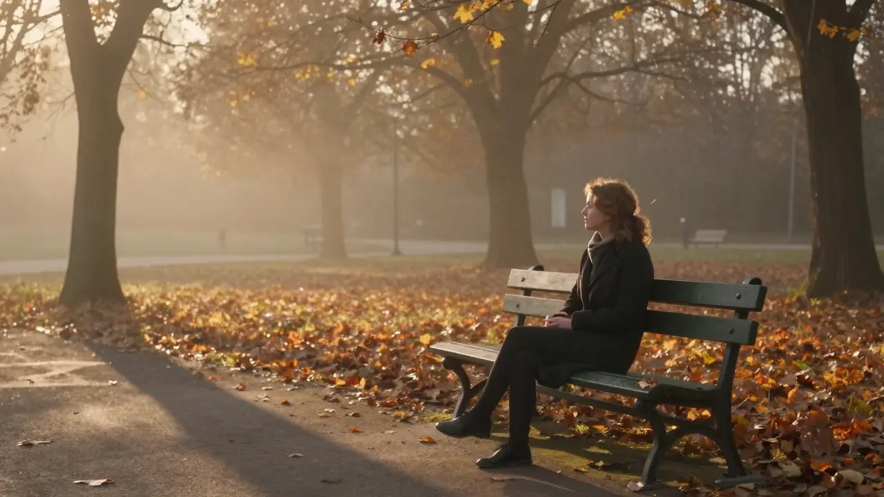 A woman sitting alone on an autumn park bench, leaves falling around her, bathed in golden hour light.