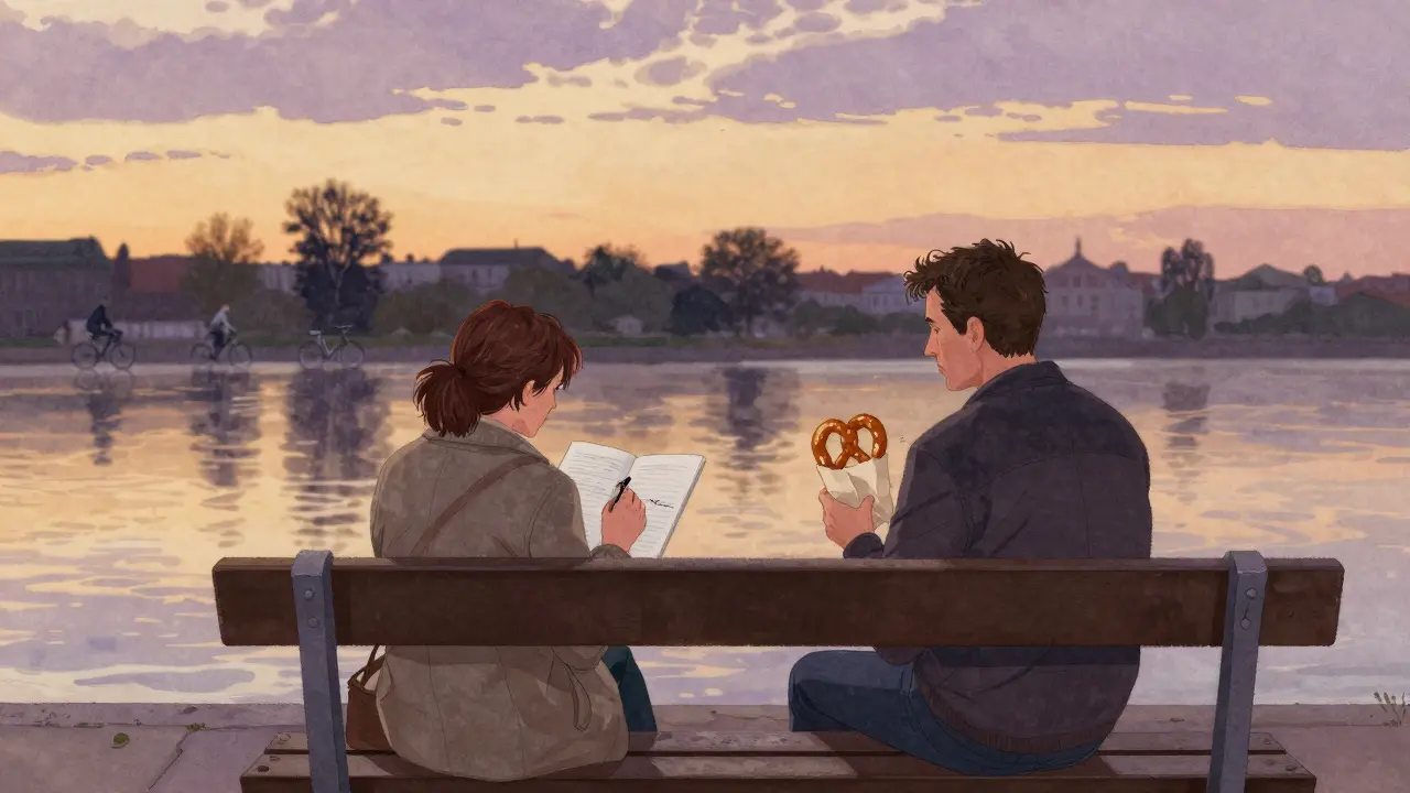 A woman sketches the Spree River at sunset while a man sits beside her with pretzels, silent and respectful presence.