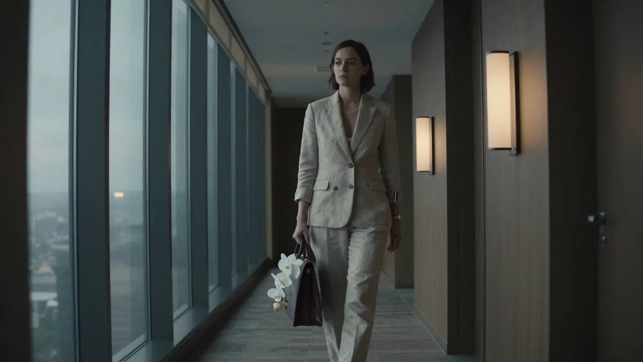 A woman walking alone at dawn in a luxury hotel corridor, carrying orchids and a briefcase, serene and composed.