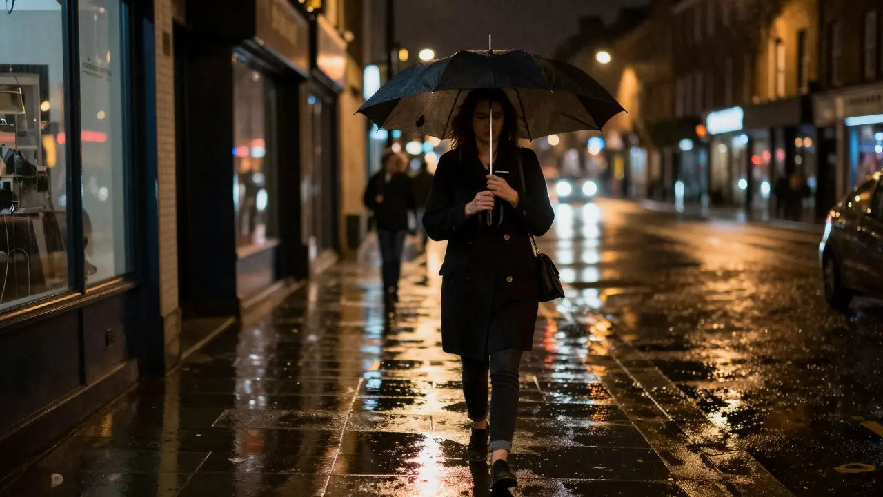 A woman walking alone through a rainy London neighborhood at night, embodying discretion and resilience.