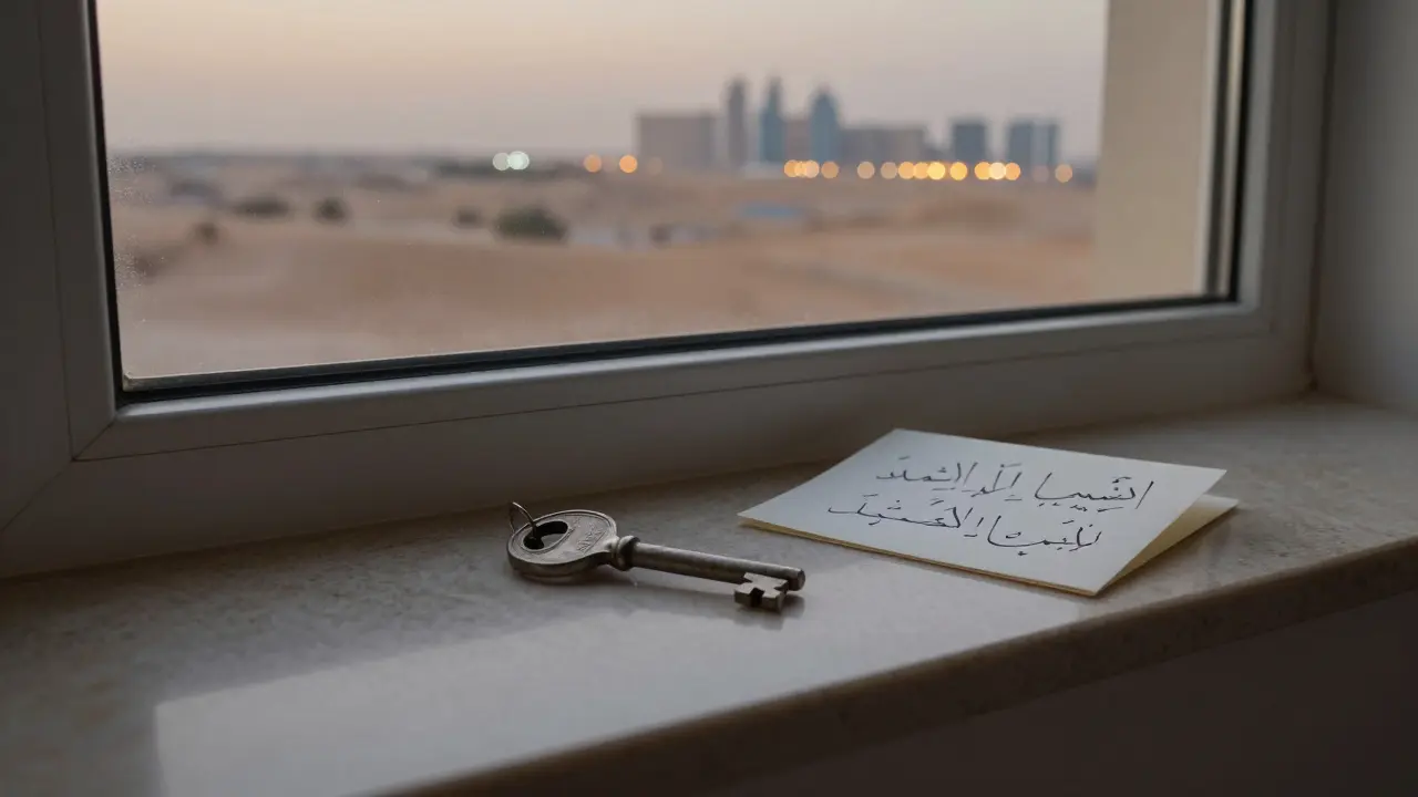 A worn key resting on a windowsill overlooking Abu Dhabi’s desert skyline at dusk.