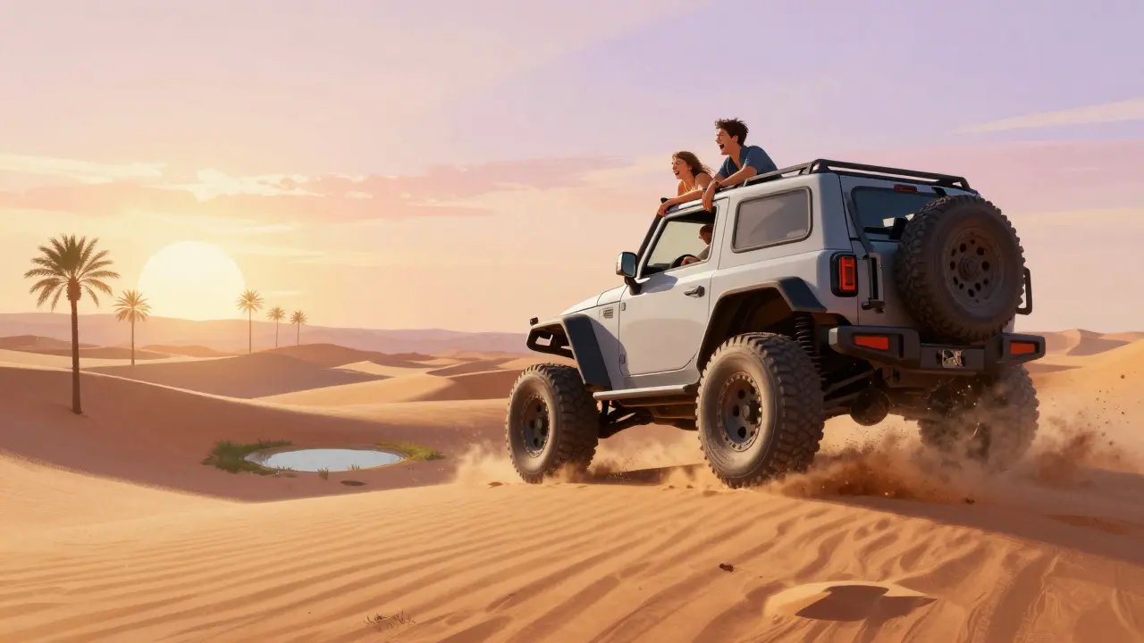 Adventure seekers on a desert dune buggy at sunrise, overlooking a hidden oasis.