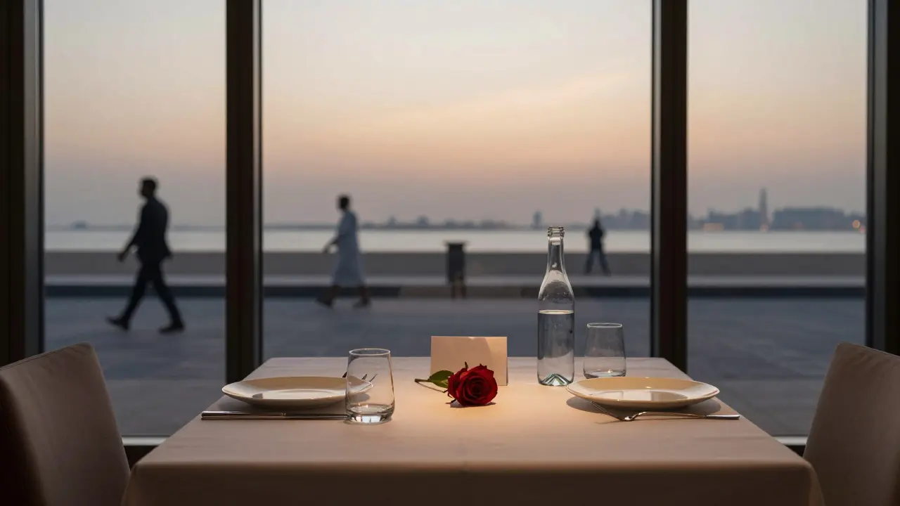 An empty, elegantly set dinner table by a window overlooking the Corniche at sunset, symbolizing quiet human connection.