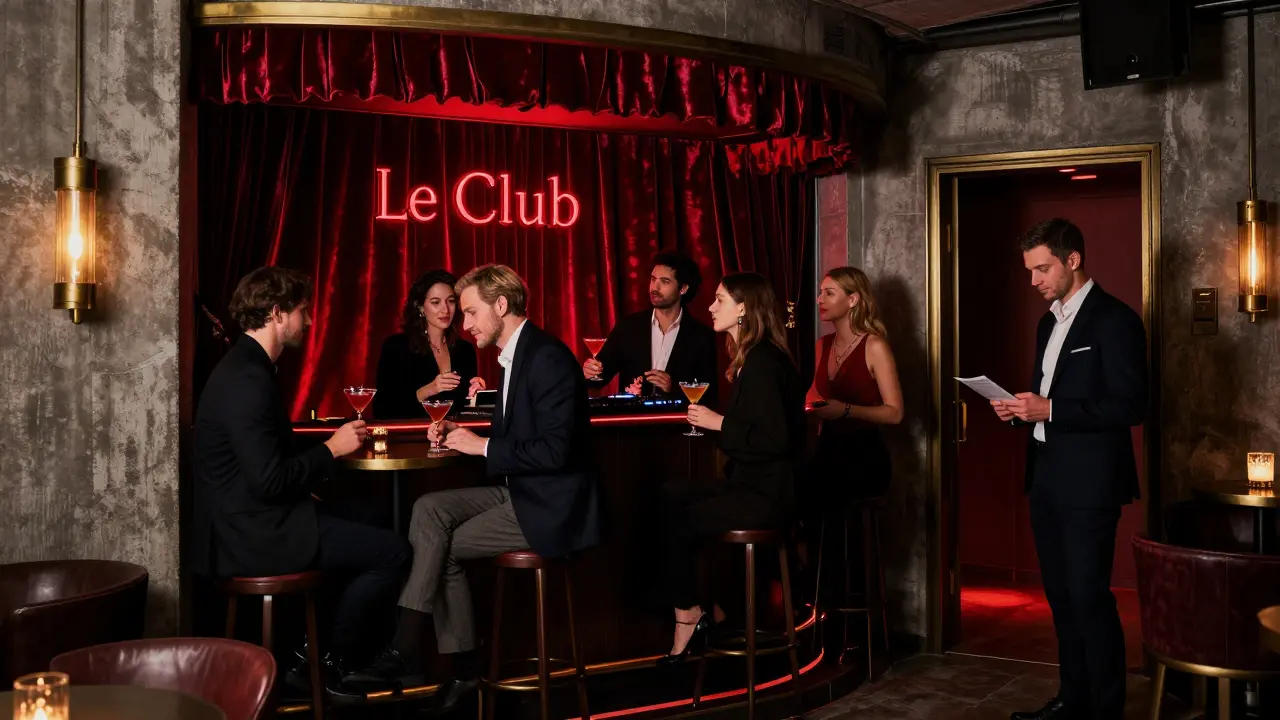 An exclusive underground bar in Fontvieille with dim lighting, velvet curtains, and elegantly dressed guests in quiet conversation.