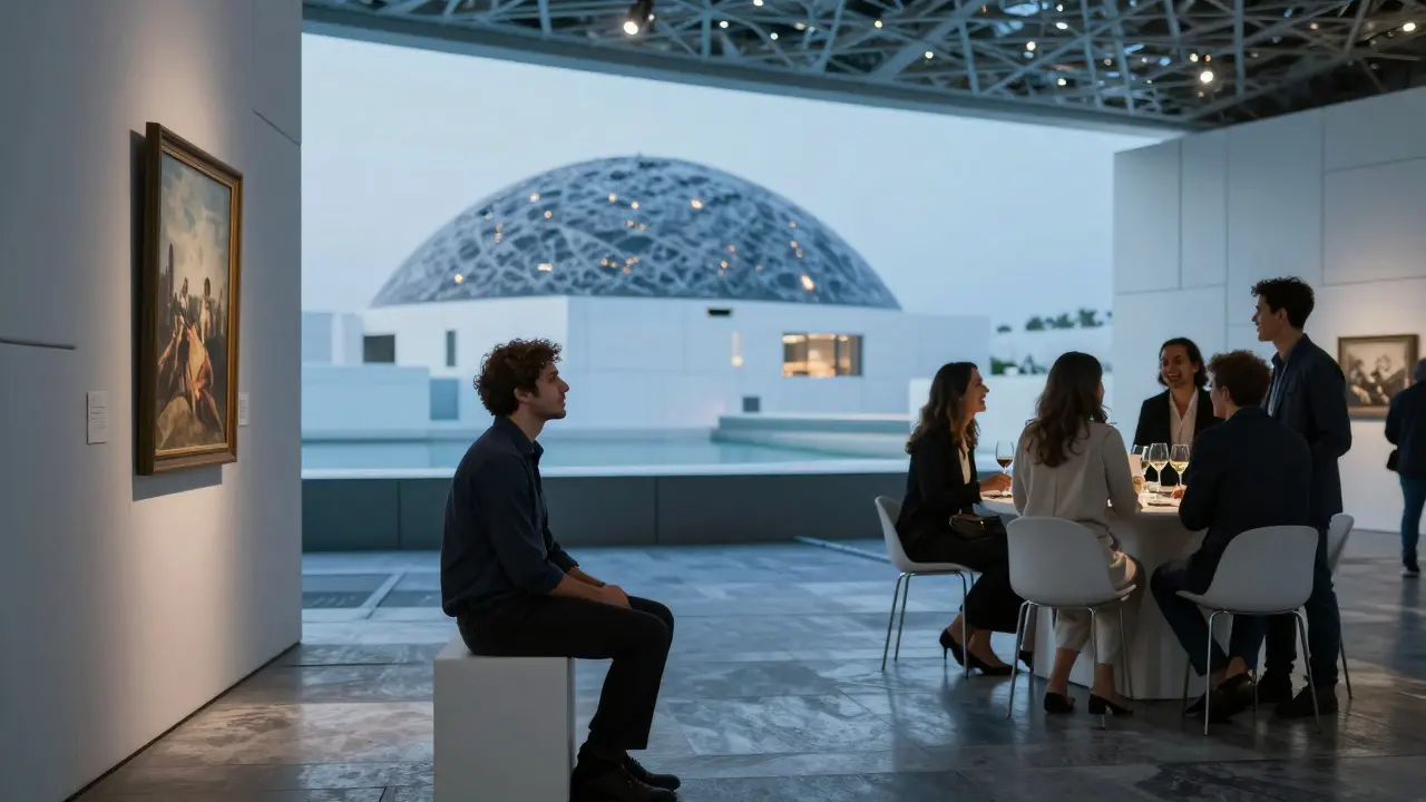 An expat attending an art exhibition at Louvre Abu Dhabi, surrounded by cultural guests enjoying wine and conversation.
