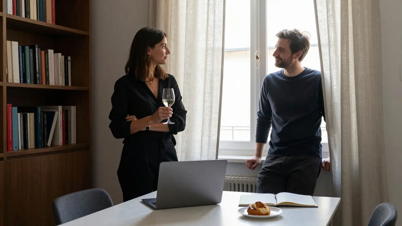 An intimate morning scene in a Brera apartment, with books, wine, and quiet connection between two people.