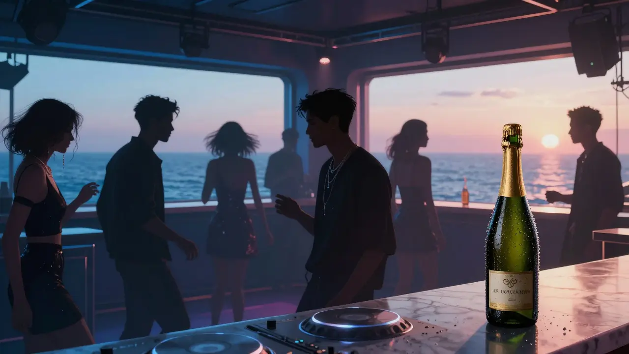 An underground club at night with dancers silhouetted against neon lights and a view of the sea.