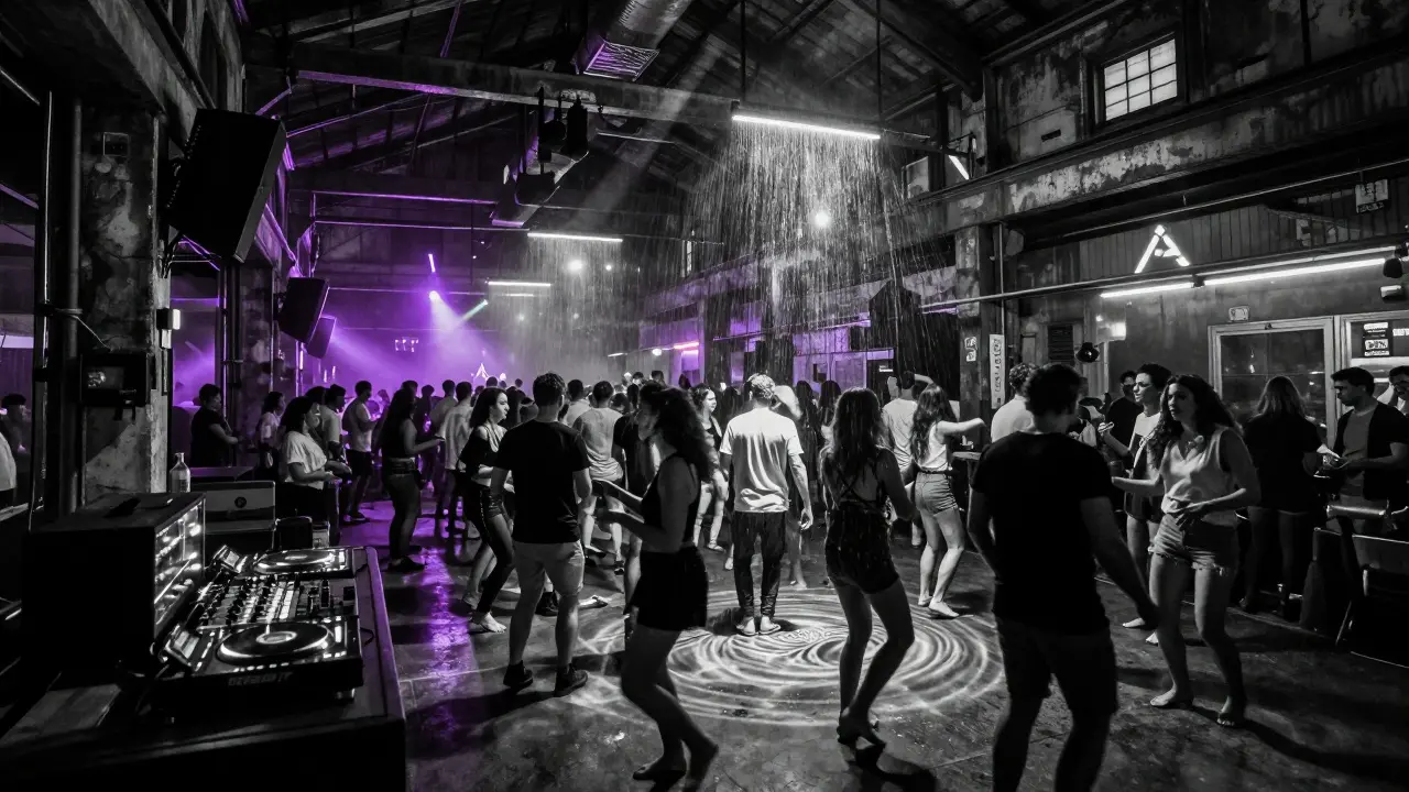An underground nightclub in Milan with a dancing crowd under flickering neon lights in an industrial warehouse.