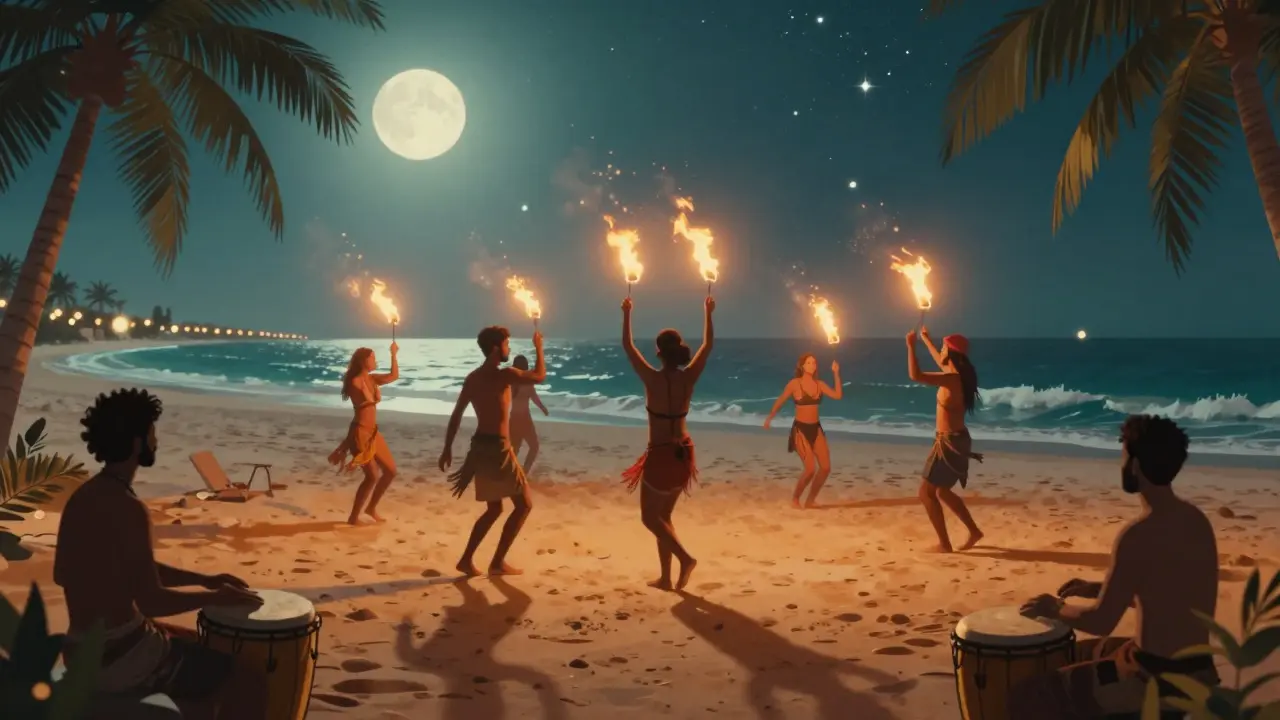 Beach party at night with fire dancers and starlit ocean