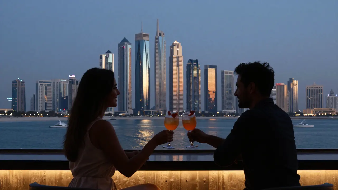 Couple at a rooftop bar overlooking Abu Dhabi's glittering skyline at night.