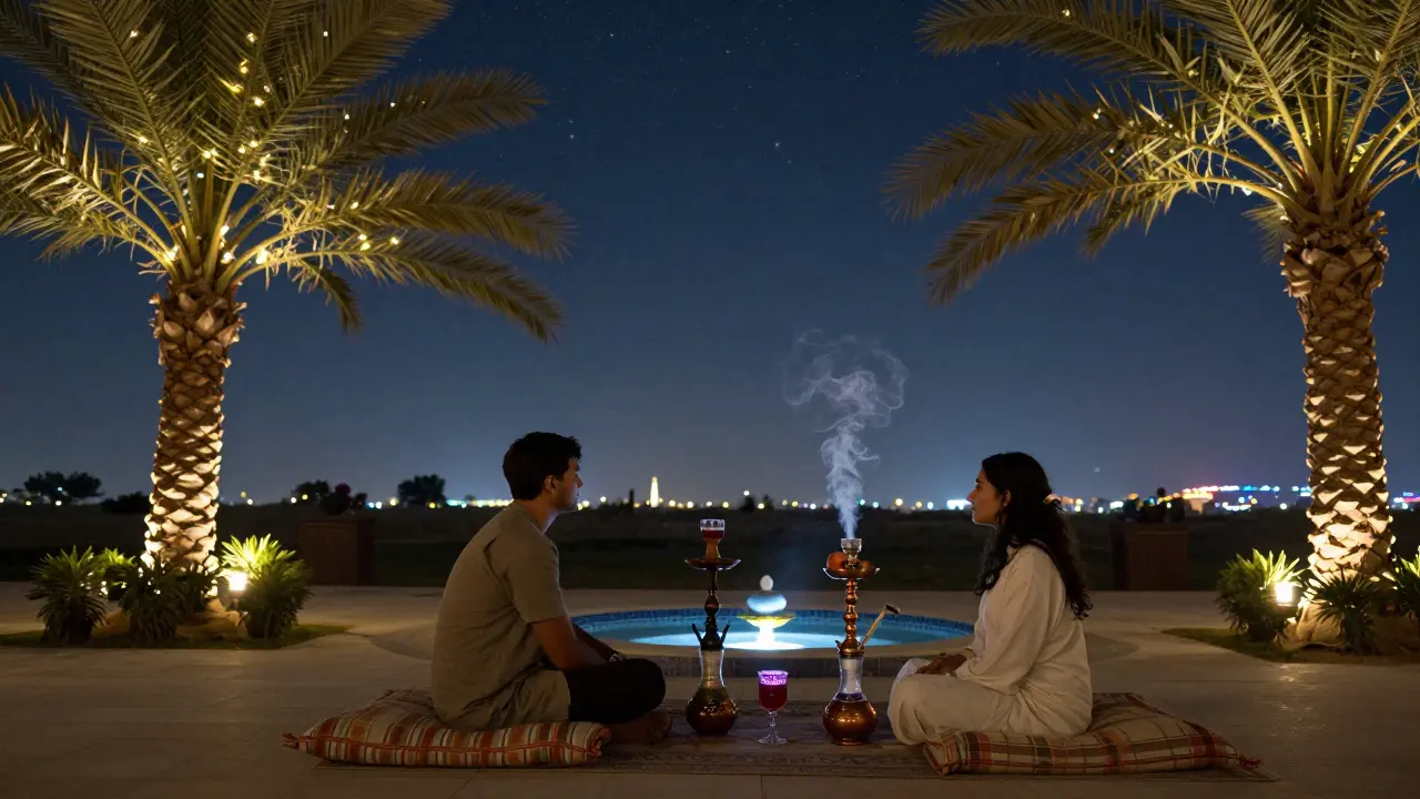 Couples relaxing under fairy lights and palm trees at an outdoor shisha garden with soft fountain sounds.