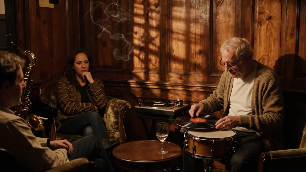 Cozy jazz bar with a drummer placing a vinyl record, dim lights and warm wood interiors.