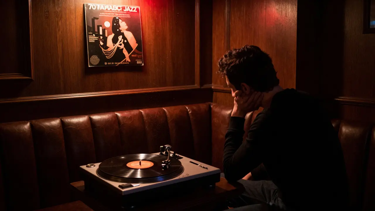Cozy jazz club interior with vinyl records and warm wood tones in soft lighting.
