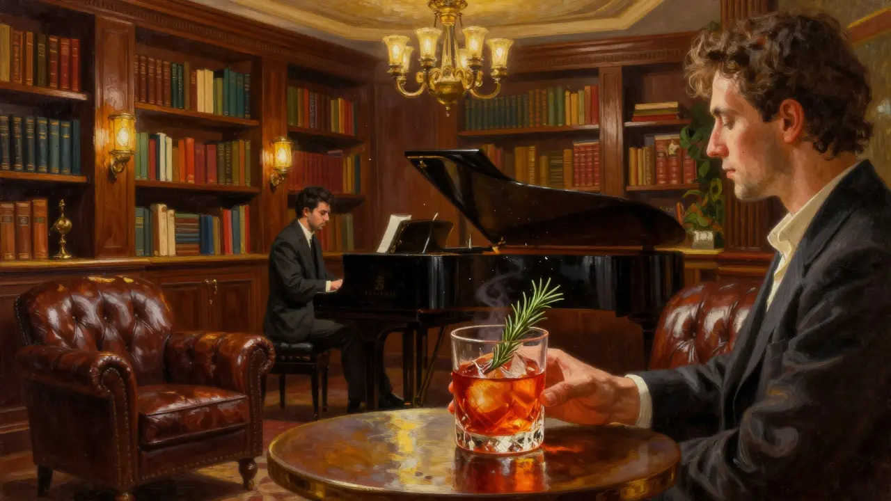 Cozy jazz lounge with bookshelves, pianist, and guest sipping a signature cocktail.