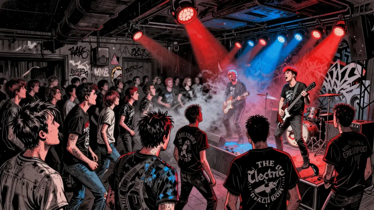 Crowded punk show at The Electric Ballroom with mosh pit and jagged colored lights illuminating the stage.