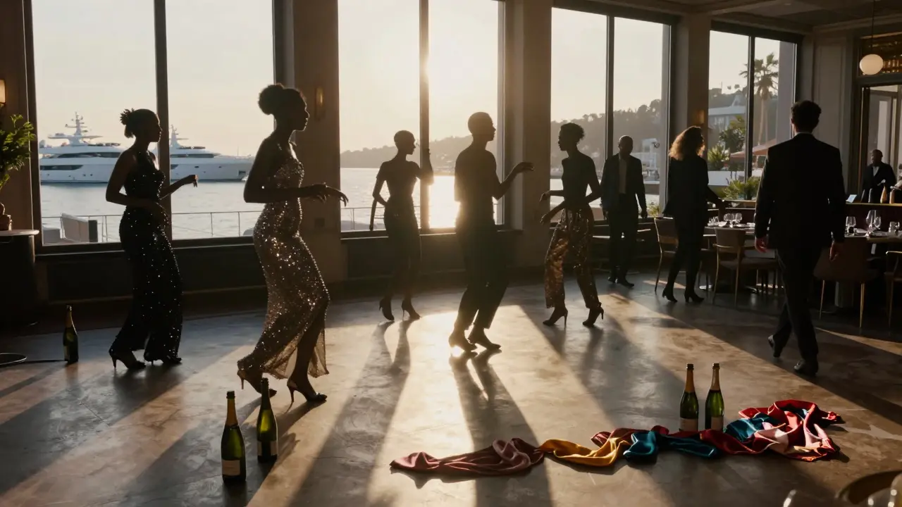 Dawn light streaming into a nightclub as dancers linger after an all-night party, with superyachts visible outside the windows.