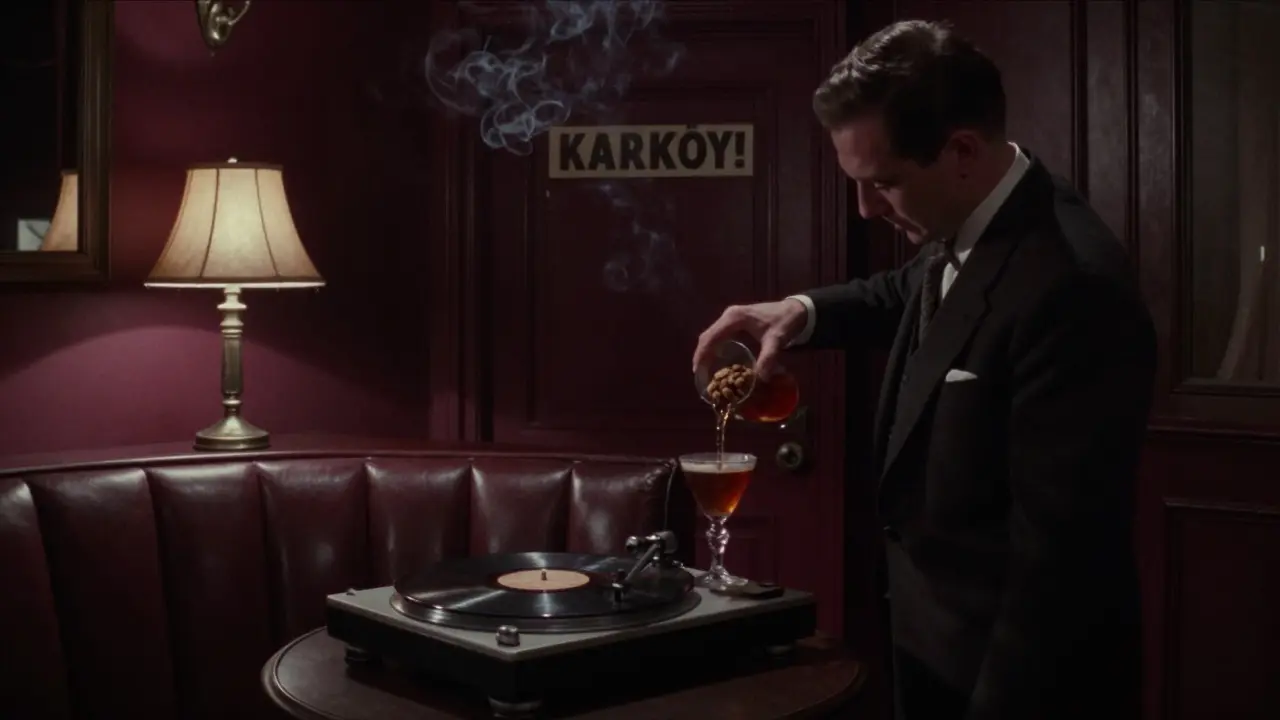 Dim speakeasy bar with leather booth and bartender pouring a dark cocktail in Karaköy.