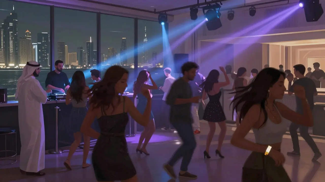 Diverse crowd dancing freely at White Dubai club at night, no VIP ropes, soft blue and purple lights, marina view.