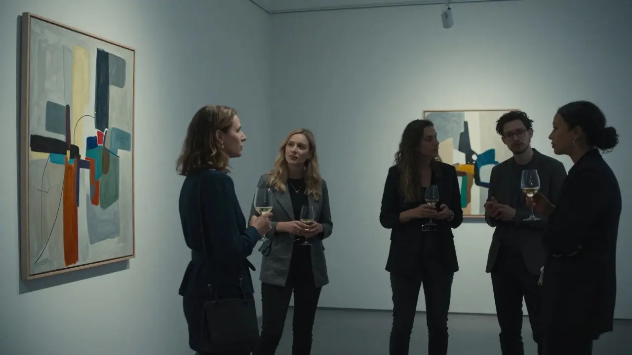 Diverse group of people engaging in calm, respectful conversation at an art gallery in Berlin.
