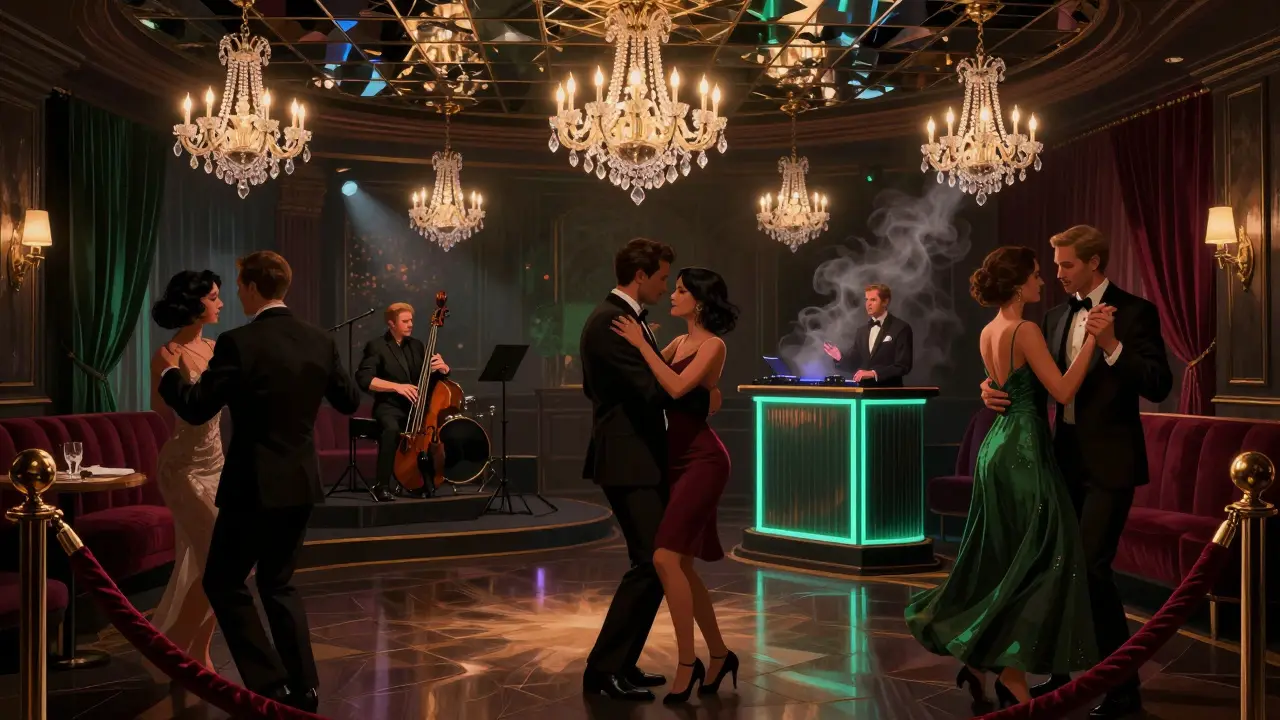 Elegant guests dancing in a luxurious nightclub under crystal chandeliers with live jazz musicians.