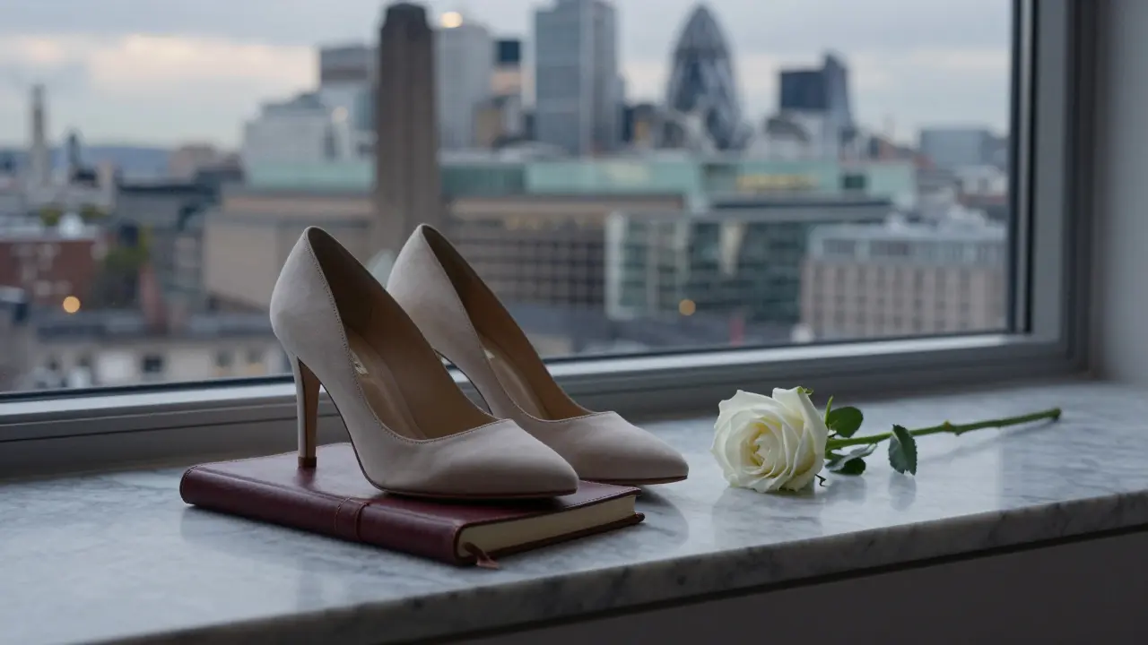 Elegant heels and a journal beside a white rose on a marble windowsill, London skyline blurred behind.