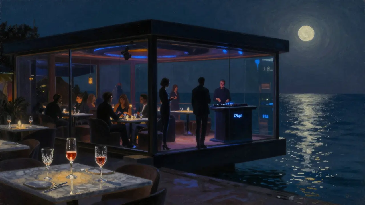 Exclusive L&#039;Aqua nightclub with silhouetted guests and glowing drinks by the harbor.