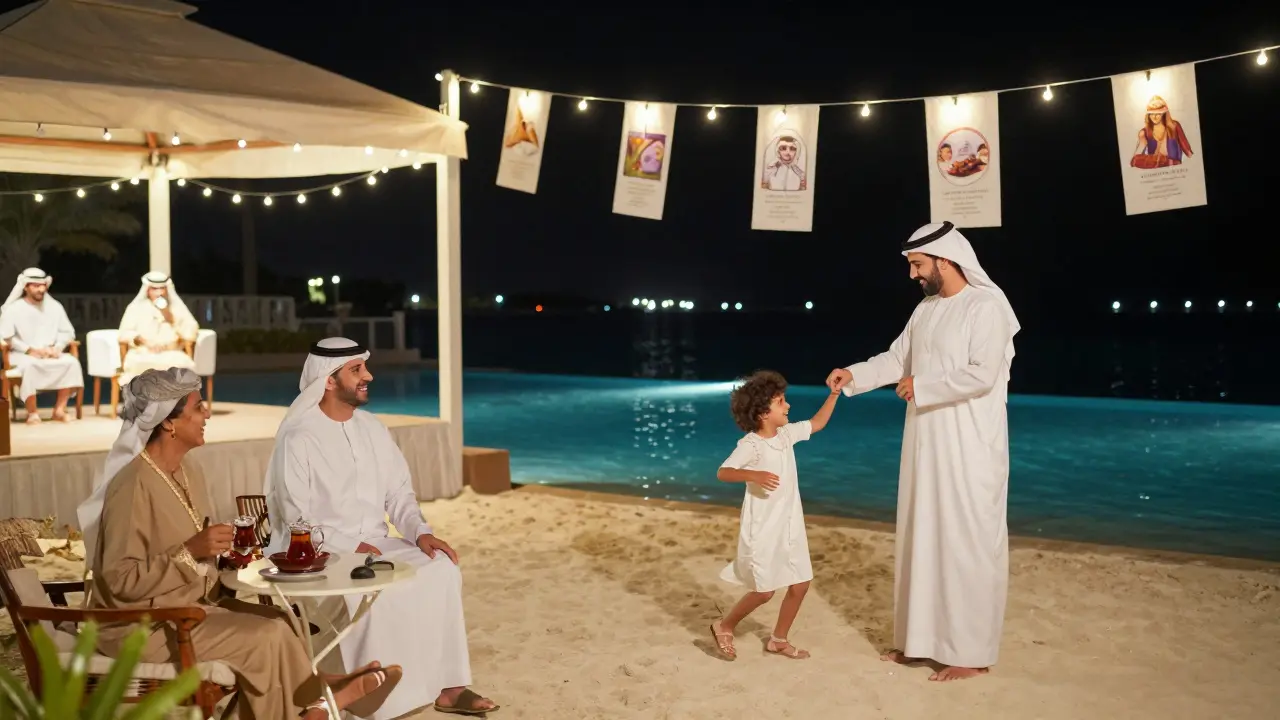 Family-friendly night at Beach Rotana with children dancing to Arabic lullabies, grandmother sipping tea under soft fairy lights.