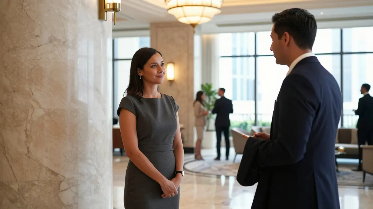 First meeting in luxury hotel lobby, woman in elegant dress smiling gently as man hesitates, soft daylight streaming in.